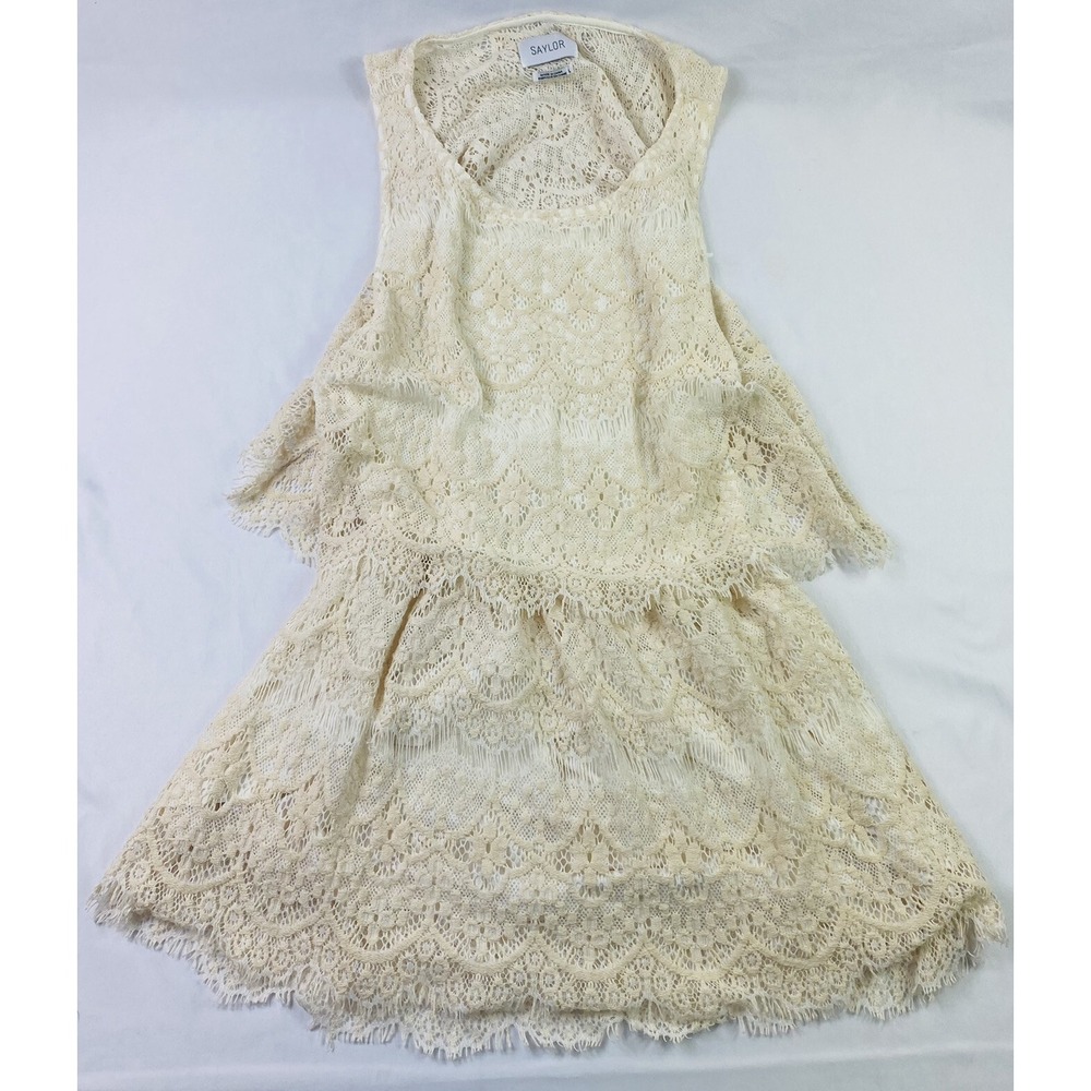 Saylor Cream Ruffle Open Back Lace Cotton Blend Mini Dress Womens L NWOT